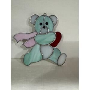 Suncatcher Stained Glass Bear with red heart teal pink